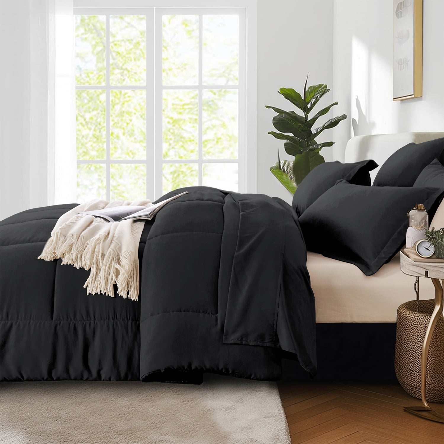 Flymme King Size Comforter Set Black, 7 Pieces King Bed in a Bag, All Season Bedding Sets with 1 Comforter, 1 Flat Sheet, 1 Fitted Sheet, 2 Pillowcase and 2 Pillow Sham