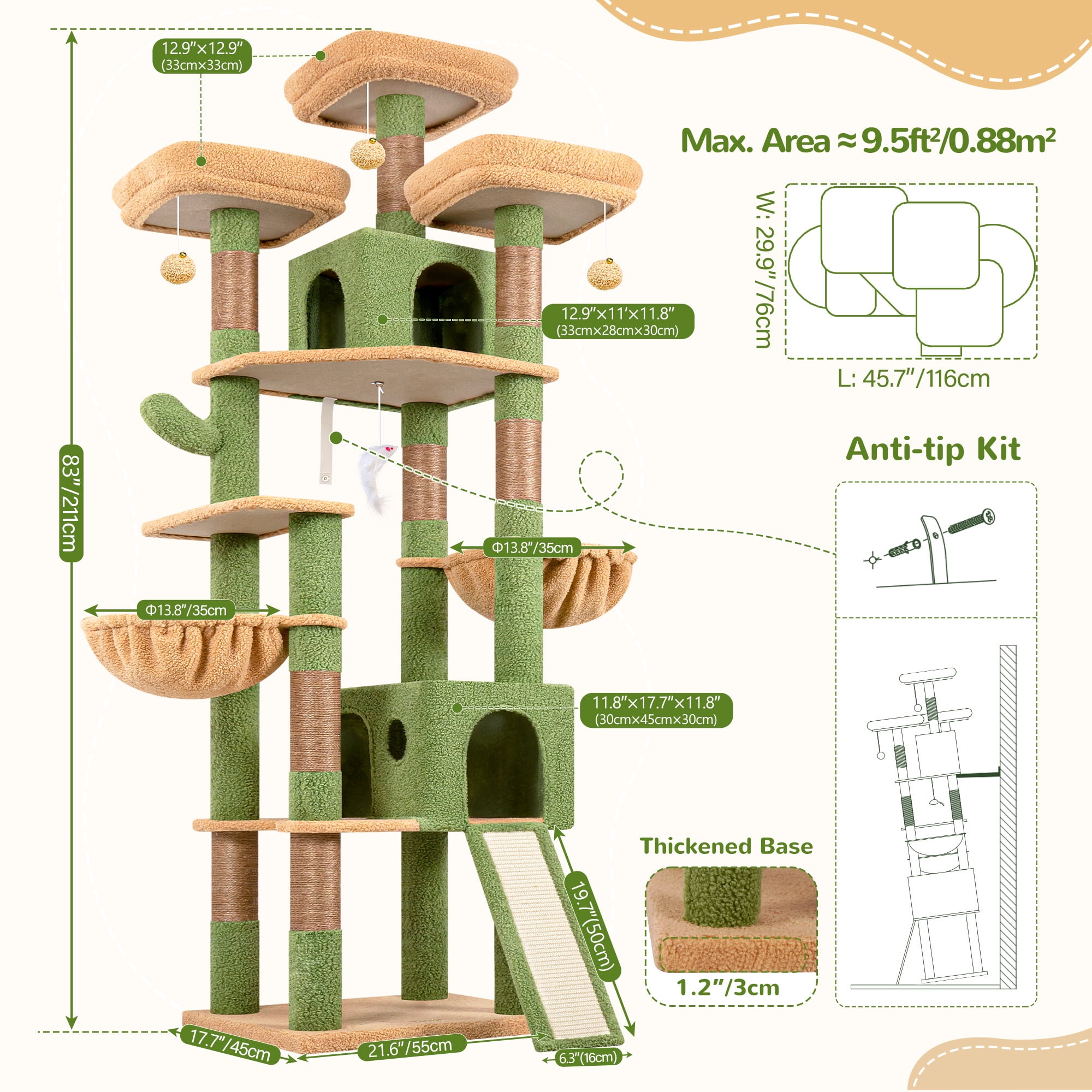 Globlazer 83'' Multi-Level Large Cat Tree Tower for Indoor Cats with Sisal Scratching Post, Hammock & 2 Condos, Green