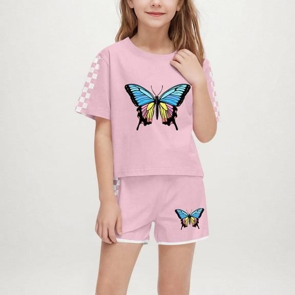 Delliss 5-14 Years Girls Short Butterfly print Sets 2 Pieces Outfits Short Sleeve T-Shirts and Casual Shorts With Pockets Cute fashion Top Clothes Sets