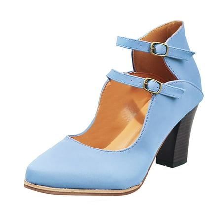 

Cathalem New European And American Foreign Trade Large Pointed Thick Heel Frosted Buckle Single Shoes Blue 38