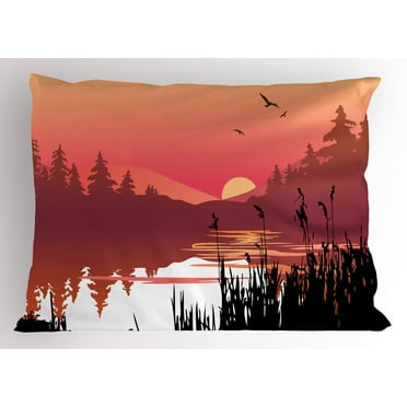 Landscape Pillow Sham Tranquil Sunset on River Bushes Distant Hills and Spruce Trees, Decorative Standard King Size Printed Pillowcase, 36 X 20 Inches, Coral Pale Orange and Black, by Ambesonne