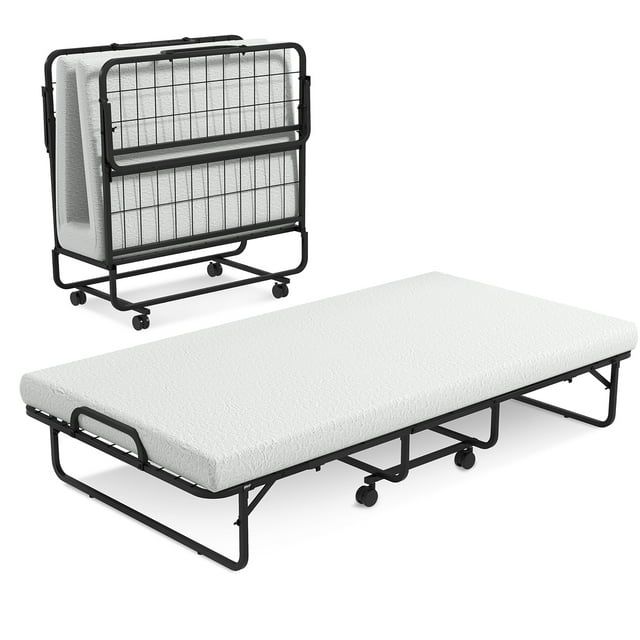 Costway Lit Pliable Robuste en Métal Lit d'Appoint Lit de Jour avec Matelas en Mousse Mémoire de 4 Pouces
