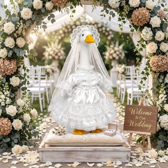 Sruoe Porch Goose Outfits, 23 Inch Porch Goose Clothes, Bride Wedding Lace Dress Goose Costume, Cement Goose Statue Clothing for Lawn Yard Patio Party Decoration