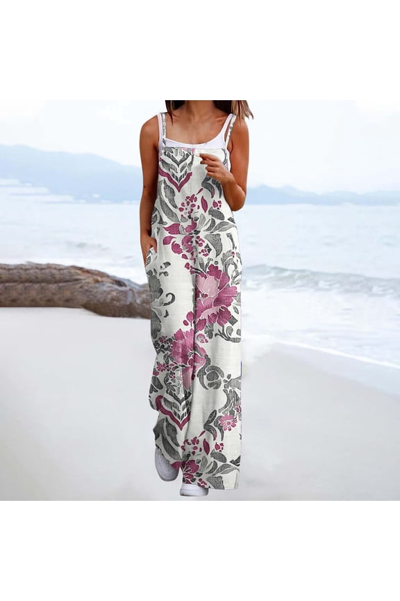 Women's Summer Boho Casual Jumpsuits Wide Leg Overalls Floral Print Baggy Rompers with Pockets