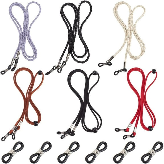 6Pcs 6 Colors PU Leather Eyeglass Straps Glasses Holder Chains Red Black White Brown Purple Adjustable Universal Fit Sports Eyewear Retainer Rope Cord for Men Women Glasses Lanyard diy