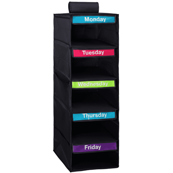5‑Tier Hanging Closet Organizer with Monday‑Friday Color Labels, Non‑Woven Fabric Daily Outfit Hanging Shelf, Foldable Wardrobe Storage Caddy for Clothing Accessories, Bedroom Dorm Apartment Closet