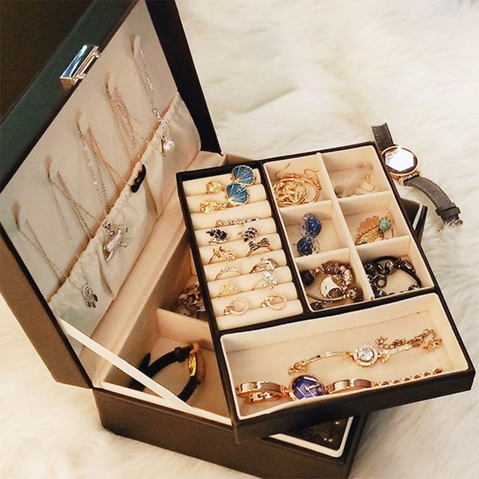Jubipavy Leather Large Capacity Jewelry Box Earrings Necklace Jewelry Storage Box With Lock 2-Layers Display Jewelry Box