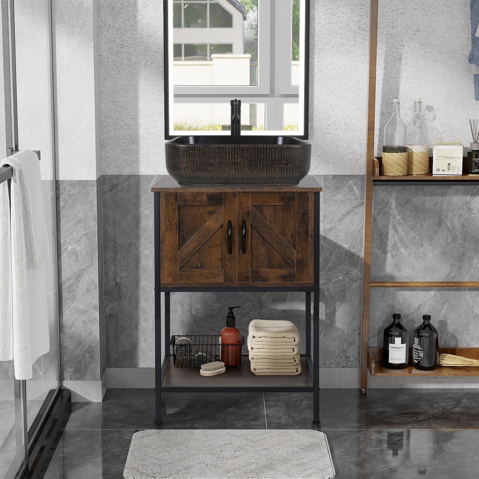 FULLWATT Ceramic Bathroom Sink, Above Counter Ceramic Vanity with Faucet and Pop-Up Drain Combo, Rectangular Modern Above Counter Bathroom Sink