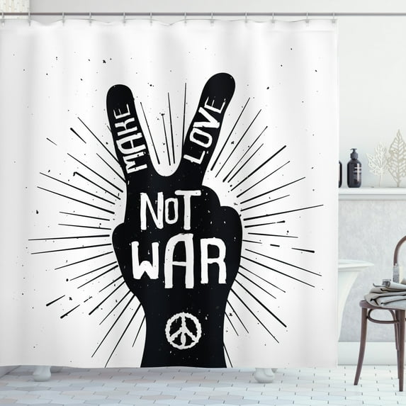 Hippie Shower Curtain, Grungy Distressed Hand Peace Sign Silhouette with Make Love Slogan Quote Theme, Fabric Bathroom Set with Hooks, 69W X 75L Inches Long, Black and White, by Ambesonne