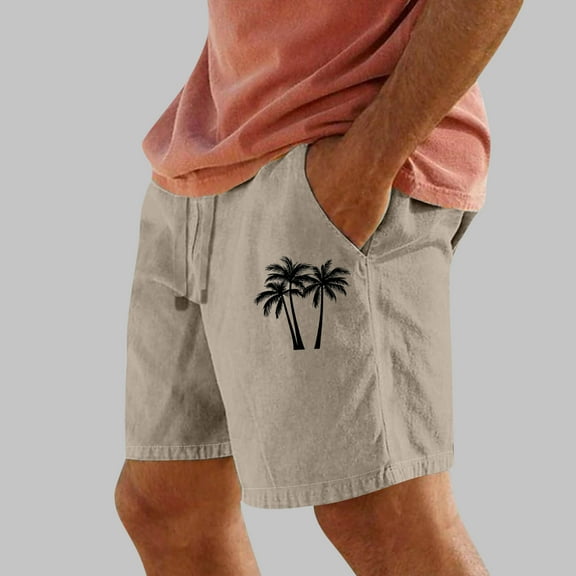 FITORON Mens Hawaiian Shorts Elastic Waist Drawstring Print Summer Casual Tropical Beach Shorts Beige