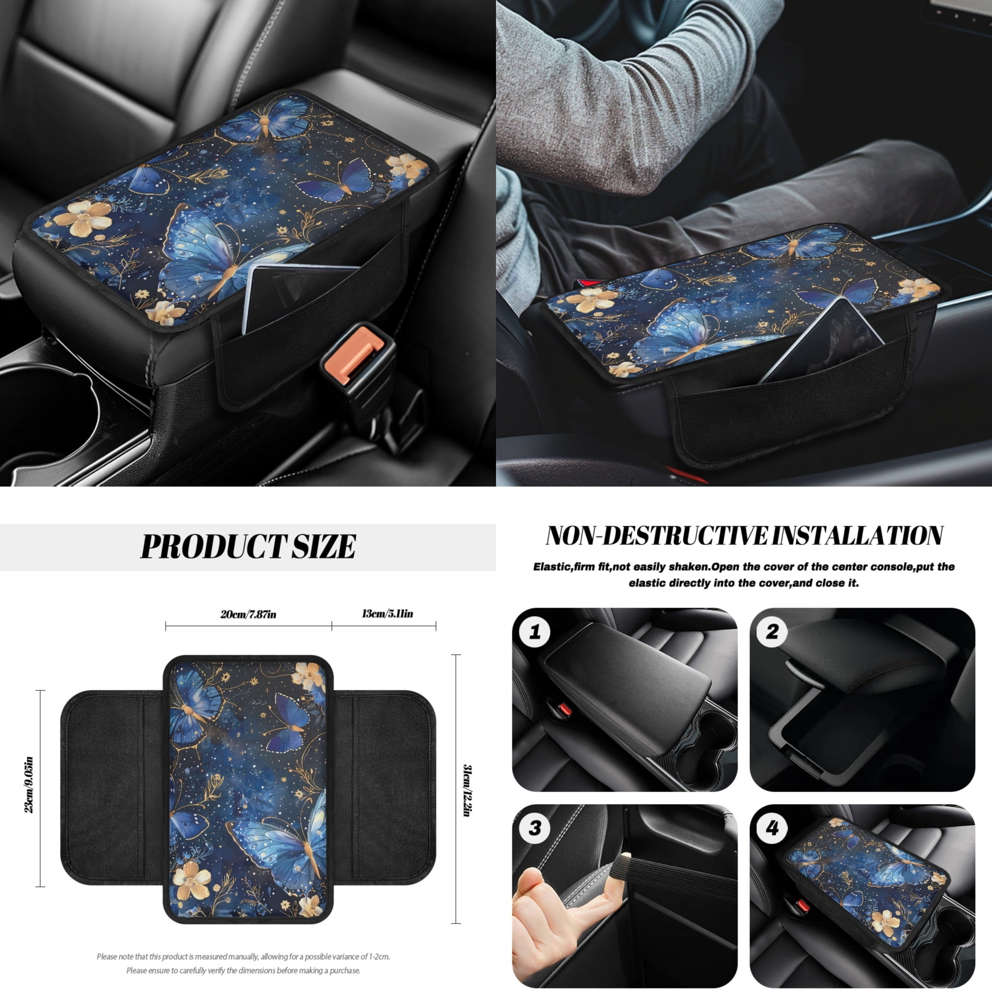 Yuyamidu Blue Butterfly Car Seat Cover Set of 14 Fashion Steering Wheel Cover Seat Belt Cover Garbage Bin Armrest Cover Rearview Mirror Cover Cup Mat Gear Shift Knob Cover Handbrake Cover