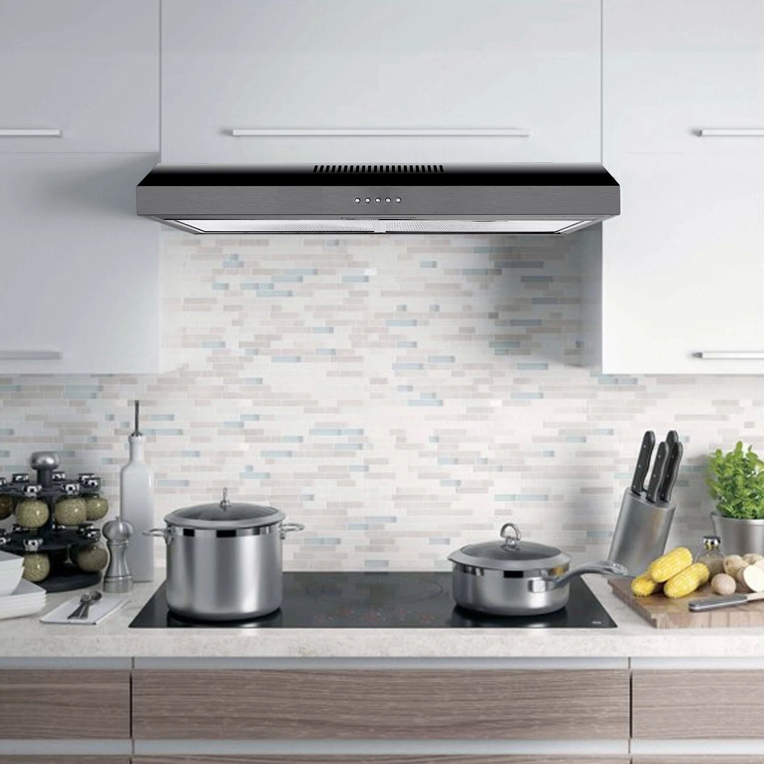 Range Hood 30 inch Under Cabinet Cooker Hood Range Hood 30 inch Under Cabinet with Charcoal Filter,Ductless Range Hood w/ 3 Speed Exhaust Fan,Stainless Steel Black Range Hood w/LED Light,Push Button,