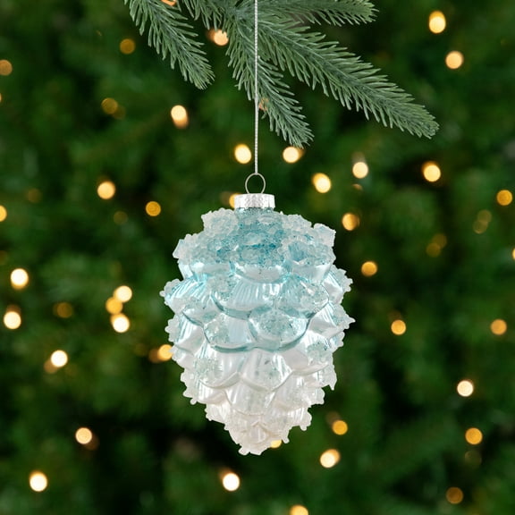 Northlight Icy Pine Cone Glass Christmas Ornament - 4.75" - Blue and White