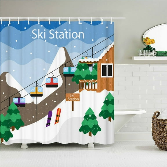 Winter Ski Station Cedar Plant Shower Curtains Bathroom Curtain Frabic Waterproof Polyester Bath Curtain with Decoration