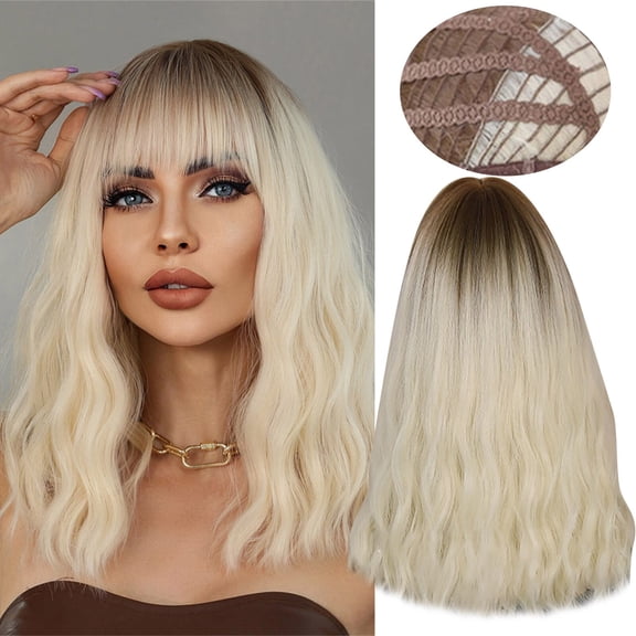 DOPI Human Hair Wigs For Women Light Golden Beige Wig Bangs Long Curly Hair Natural Fluffy Rose Mesh Ladies Wig Headgear