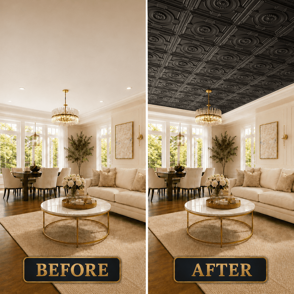 Yeslife 12-Pack Decorative Ceiling Tiles, 2 x 2 ft, Black Embossed, Waterproof Drop-in Glue-up, 48 sq ft