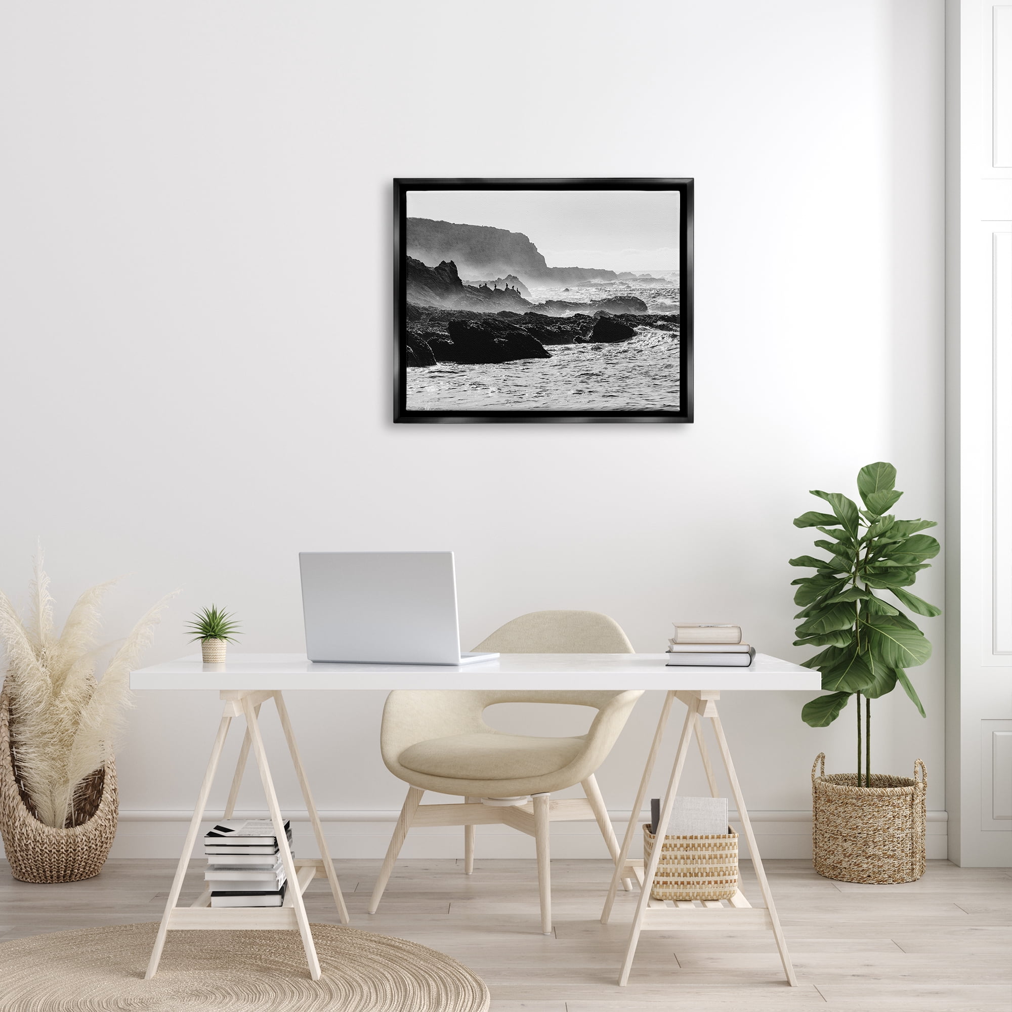 Stupell Industries Rocky Ocean Shoreline Waves Distant Birds Perched Photograph Jet Black Floating Framed Canvas Print Wall Art, Design by Steve Smith