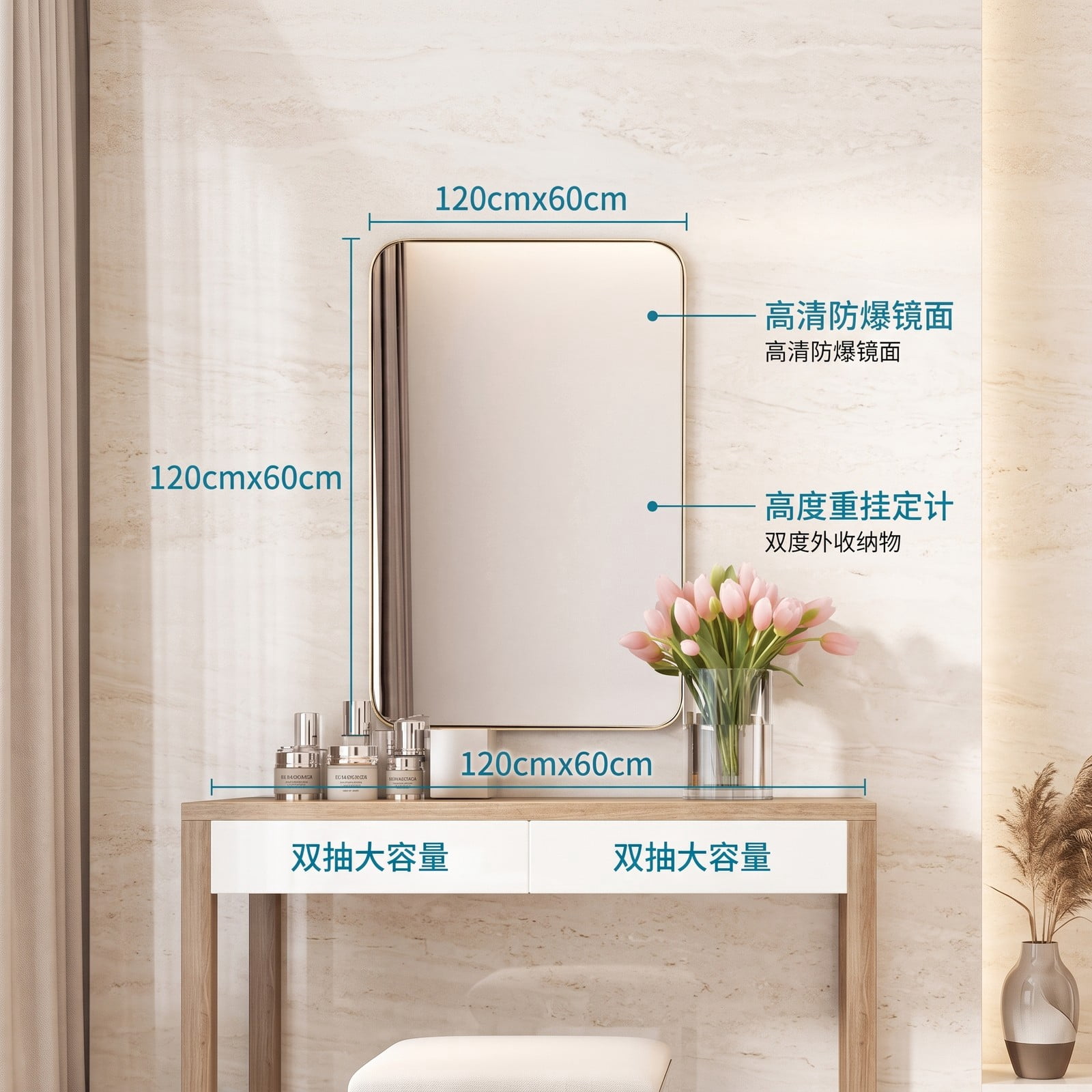 ALPULON 32 x 20 Inch Metal Frame Rectangle Wall Mirror, Wall-Mounted Bathroom Vanity Mirror with Explosion-Proof HD Glass for Entryway Living Room Bedroom Hallway, Gold