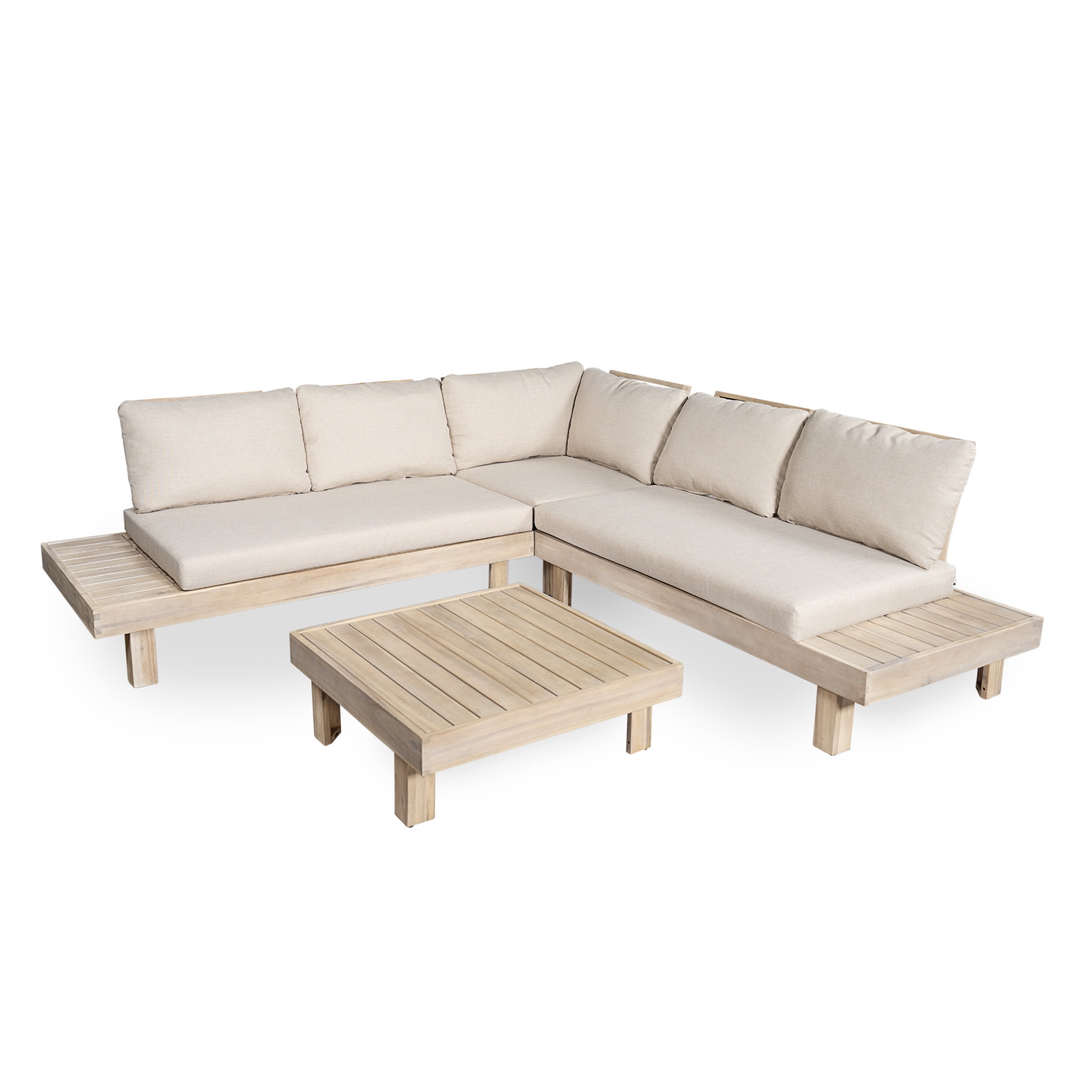 Christopher Knight Home 4-Piece Outdoor Conversation Sectional Set, Wood Frame with Cushions, Light White+Sand