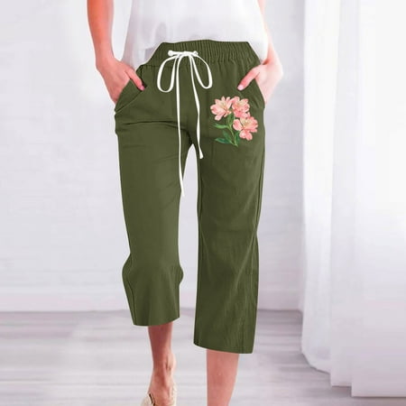 Dwaogom Womens Casual Printing Elastic Loose Pants Straight Wide Leg Trousers With Pocket Leggings For Women High Waist Plus Size Panties