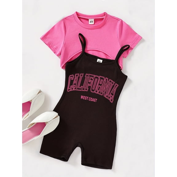 Mini Mojo Stylish Girl's 2 Piece Outfits Short Sleeve Crop Top Print Cami Shorts Set