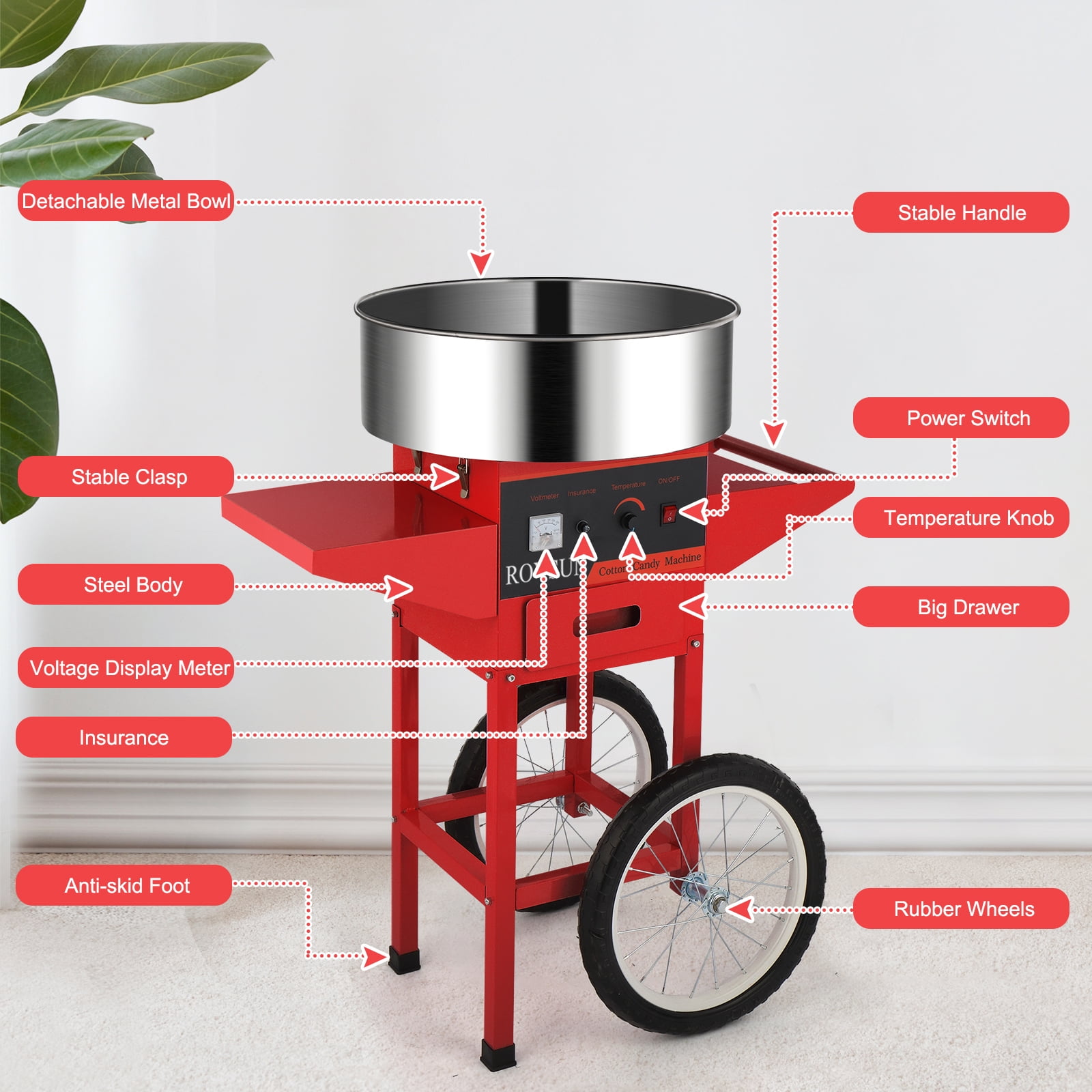 ROVSUN 950W Commercial Cotton Candy Machine, Red, Cart Type