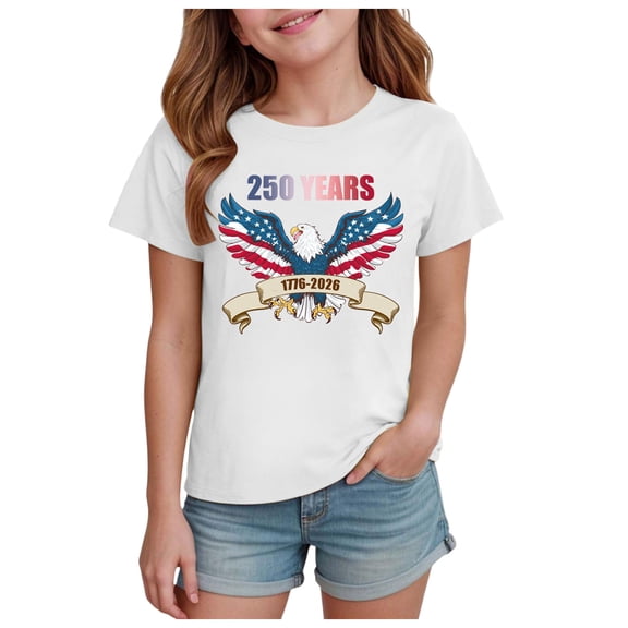 TOWED22 Girls Patriotic Kids Tops Independence Day Tshirts American Flag Graphic Tee Short Sleeve Shirt(White,11-12 Y)