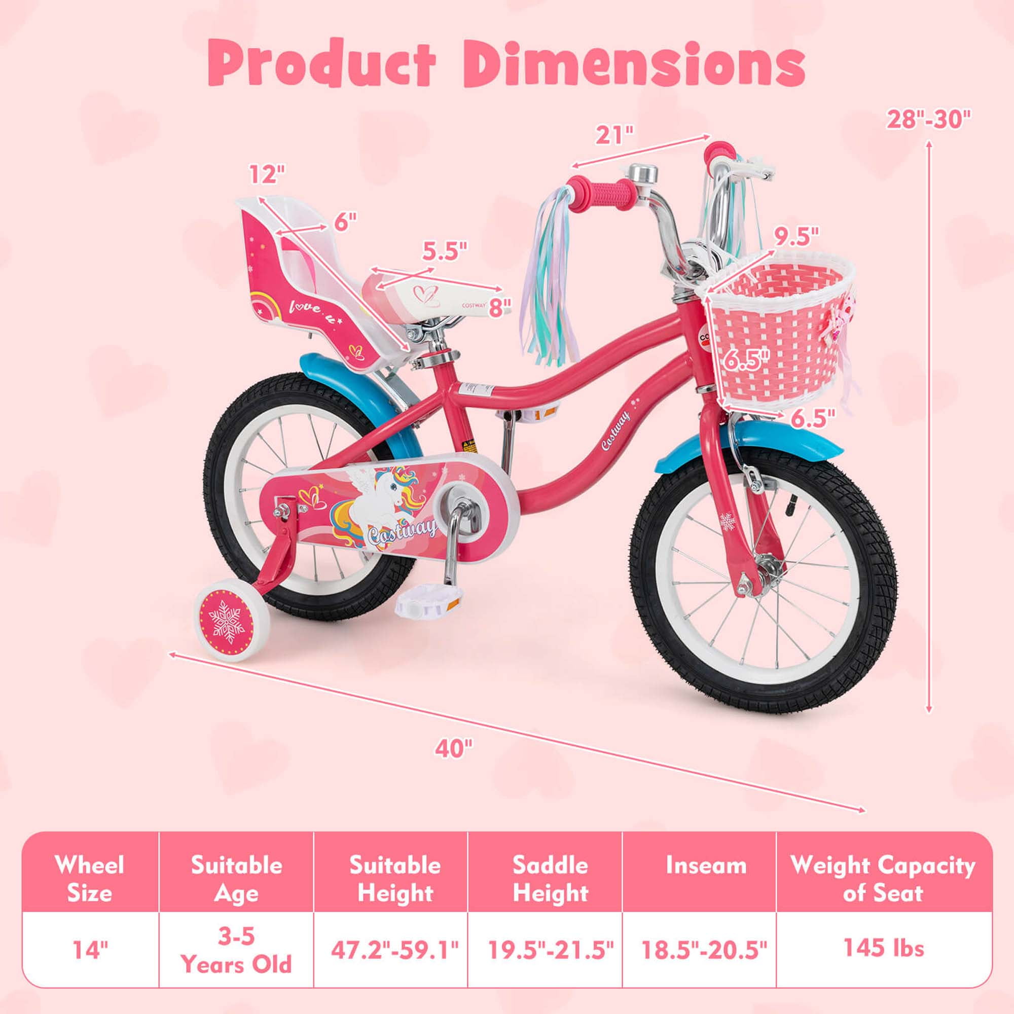 Costway 14 Inch Kids Bike with Basket Doll Seat & Colorful Streamers 2 Training Wheels Pink