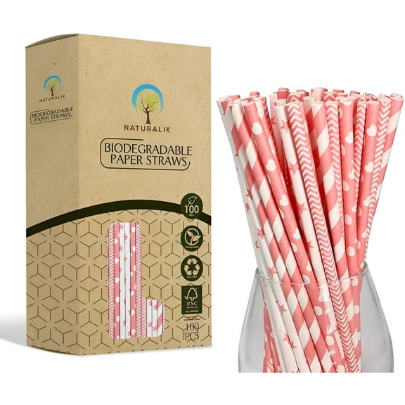Naturalik 100-Pack Light Pink Biodegradable Paper Straws- Extra Durable Light Pink Paper Straws- Baby Shower decorations for girl, Birthday celebrations, gender reveal party supplies, Drinking Straws