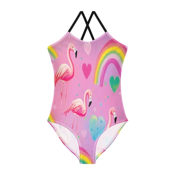 Girls' One-piece Swimsuit Cross Back Bathing Suit Beach Surfing Sizes 3T-10T Watermelon Hue Flamingos