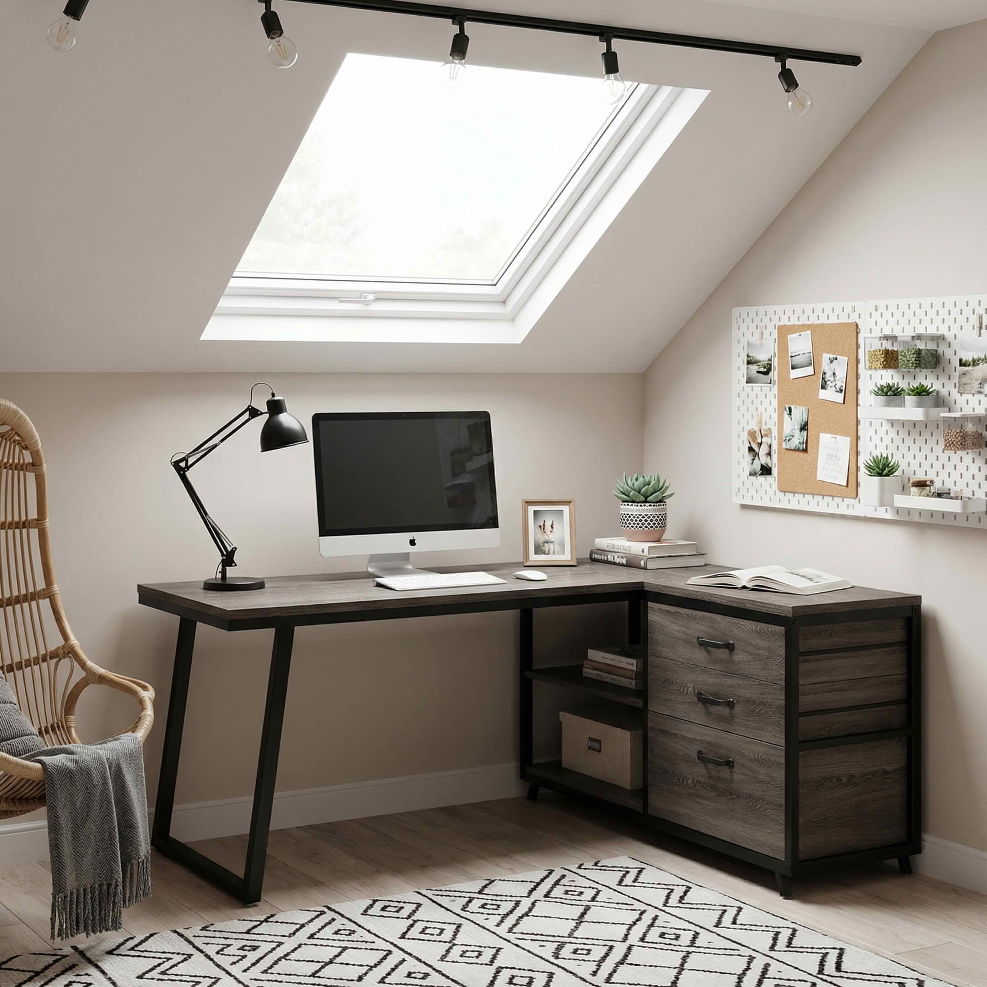MAYEERTY Reversible L-Shaped Desk with 3 Drawers & Open Shelves, 53" Home Office Computer Desk