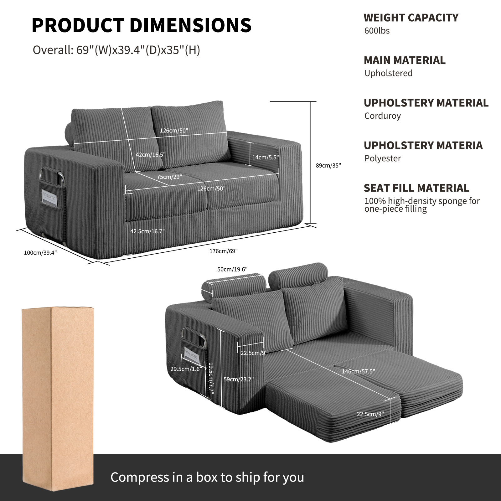69 Inches Convertible Sofa Bed Boneless 2 Seats Loveseat Sleeper Sofa 2 Seater Small Couch 3-in-1 Folding Sofa Floor Sofa with Deep Seat No Assemble Required Grey