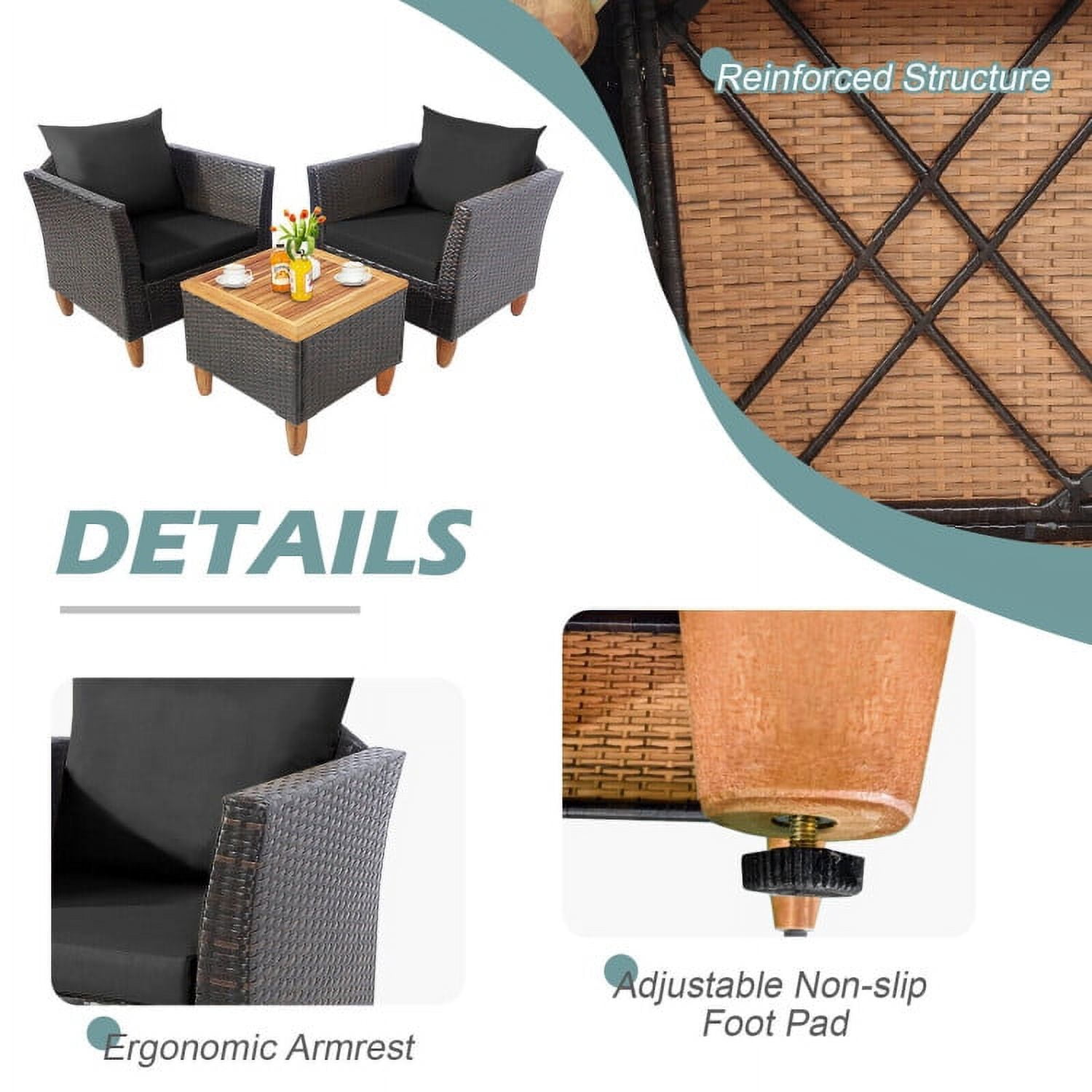 Aimee Lii 3 Pieces Patio Rattan Bistro Furniture Set with Wooden Table Top, Outdoor Patio Furniture, Black