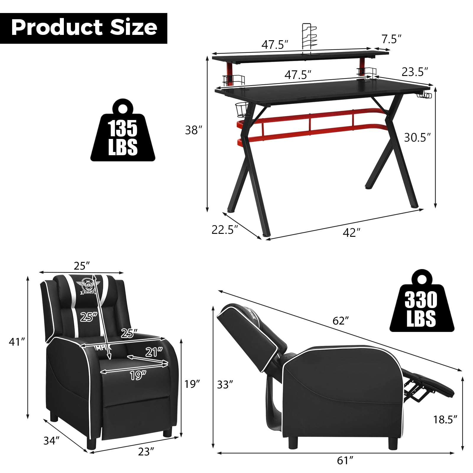 Costway Gaming Desk & Chair Set 48'' Computer Desk & Massage Recliner Chair Black + White