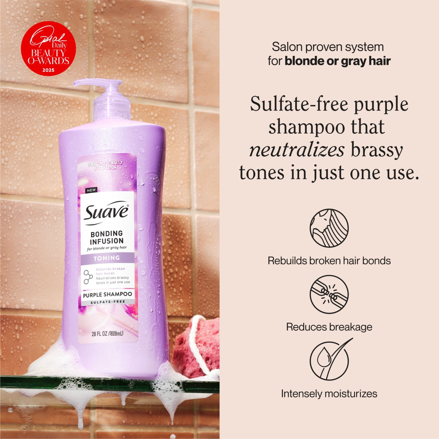 Suave Bonding Infusion Purple Toning Shampoo, for Neutralizing Brassy Tones, 28 fl oz with Pump