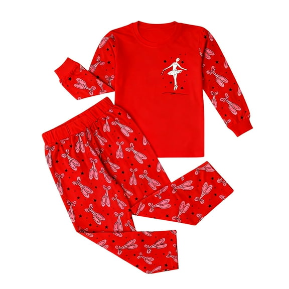 HNMKIU Girls Ballet Print Two Piece Pajama Set Soft Nightwear Loungewear Comfortable Homewear Sleep Outfit For Children Red,7-8 Years