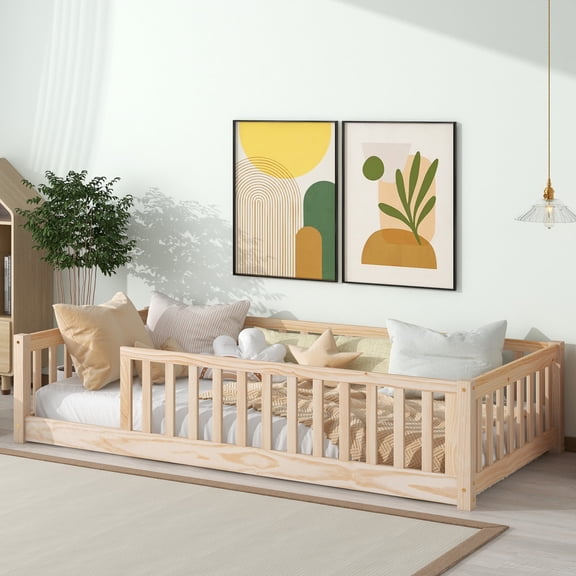 Twin Size Platform Bed with Fence & No Door,Solid Wood Bed Frame with Slats Support,Wood Montessori Kids Bed,Floor Bed,Playhouse Bed for Boys Girls,No Box Spring Needed