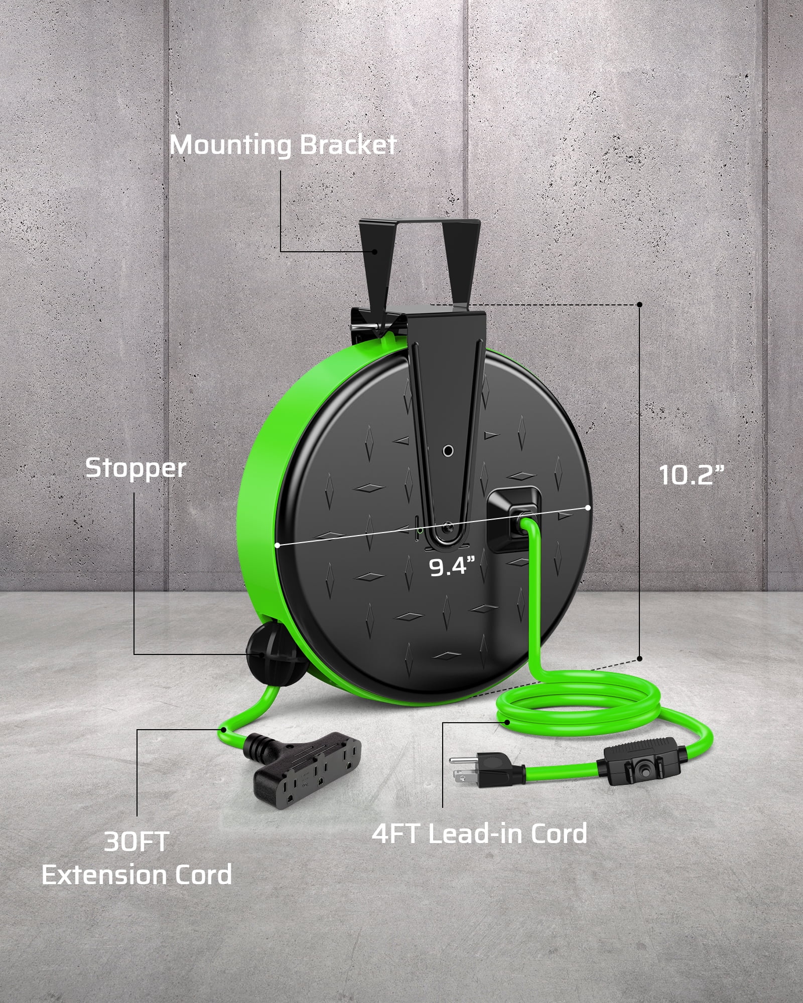DEWENWILS Metal Extension Cord Reel, 30FT Retractable Extension Cord, 16AWG/3C SJTW Power Cord, 3 Electrical Outlets, 10A Circuit Breaker, Wall or Ceiling Mountable for Workshop, Garage, UL Listed