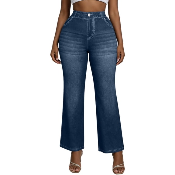 GUACER Womens Wide Leg Pants Trendy Jean Look High Waisted Stretchy Casual Work Trousers With Pockets
