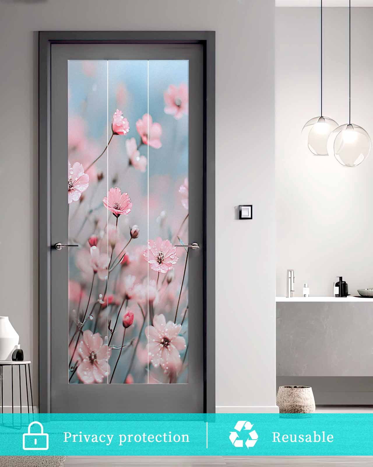 Window Privacy Film Pink Summer Spring Floral Stained Glass Window Film Decorative Sun Block Window Cover Farmhouse Flowers Window Clings Static Adhesive Sticker for Bathroom 35.4"x78.7"