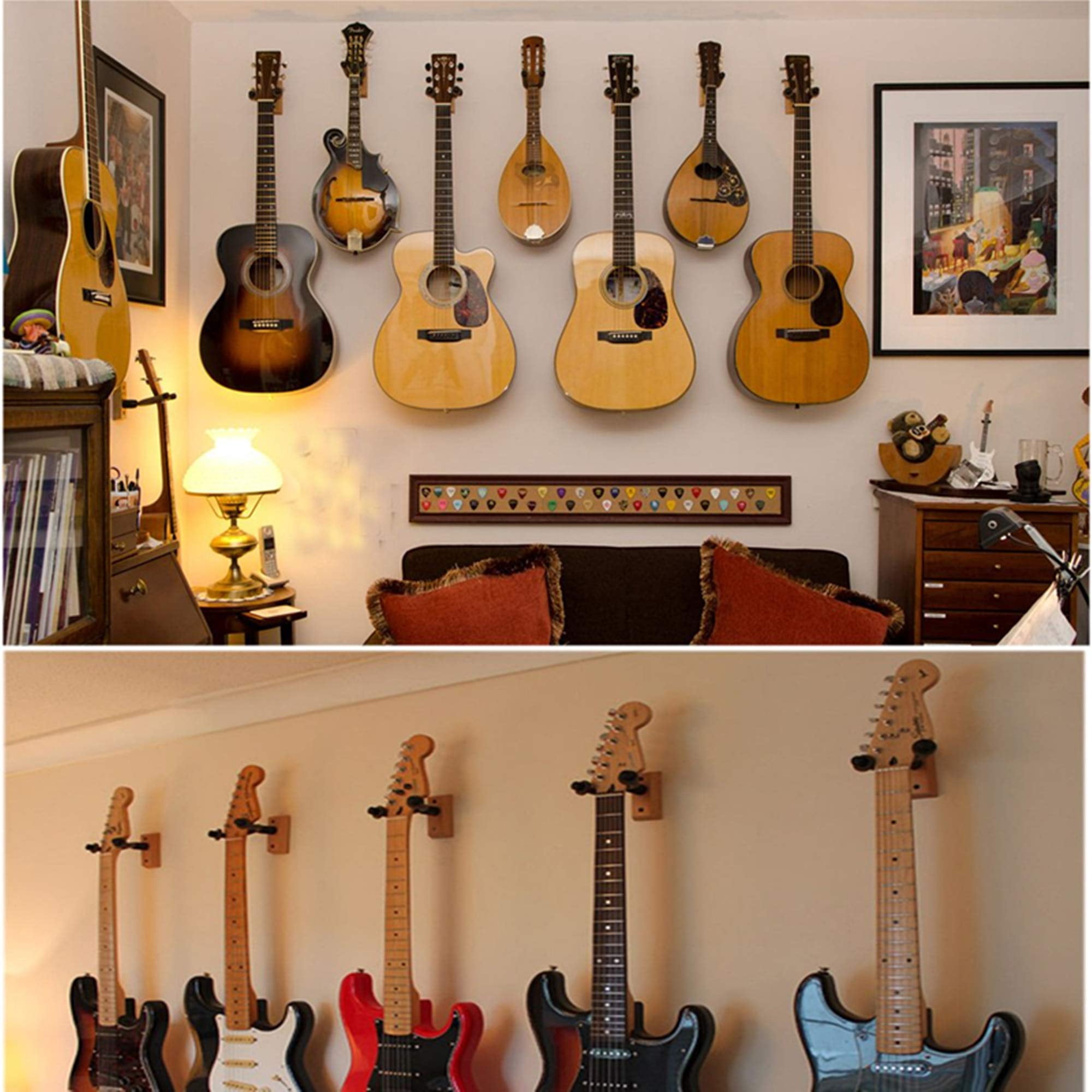 Guitar Hanger Wall Mount 6 Pack  Hardwood Hangers Hooks Holder Stand Display With Screws - Easy To Install Fits Bass Mandolin Banjo