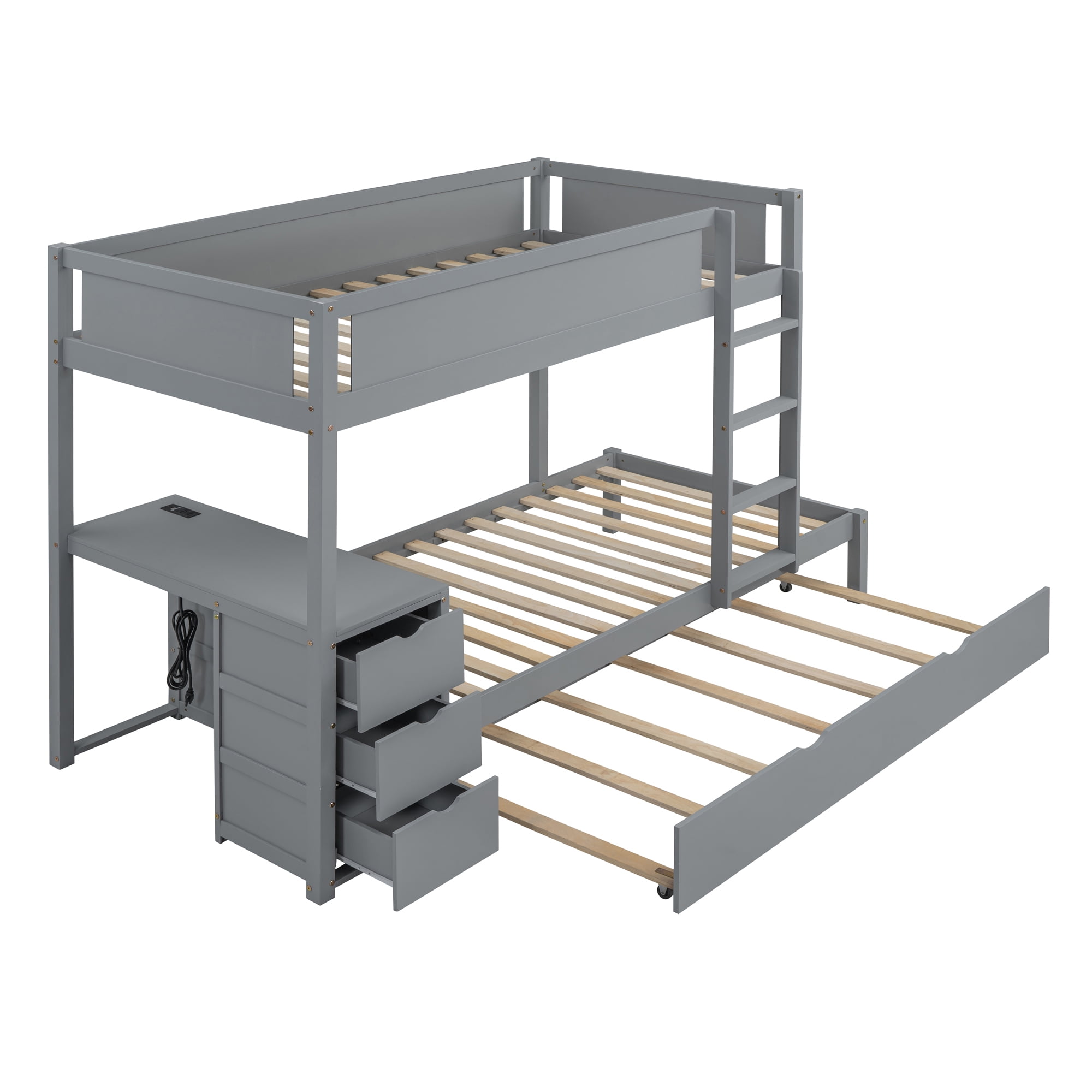 Aukfa Twin Over Twin Bunk Bed with Trundle and USB Charging Station, Wood Bed Frame with Build-in Desk&Storage Drawers for Kids Bedroom, Gray