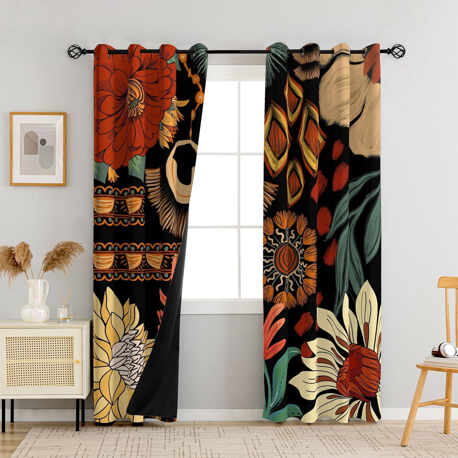 Tyrot 2 Panels 100% Blackout Black Boho Floral Curtains Bedroom Farmhouse Curtains, 52" x 84"