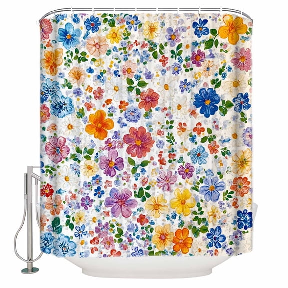 Shower Curtain Bathroom Set Watercolor Spring Seamless Flower Waterproof Fabric Shower Curtains with Grommets&Hooks Pastoral Colorful Floral Privacy Bath Curtain for Bathtub 36x72in