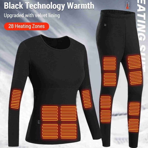 Electric Heated Underwear Set for Women, 28 Intelligent Heating Zones Body Suit for Winter Skiing and Thermal Outdoor Sports, Washable Base Layer Top and Pants / 28发热区保暖内衣套装女款XL