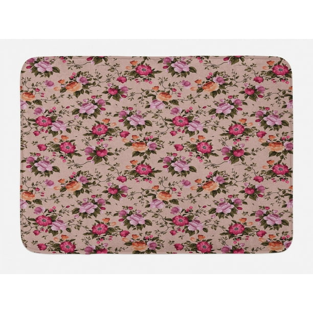 Flower Bath Mat, Floral Pattern with Roses Twig Warm Colors Flower ...