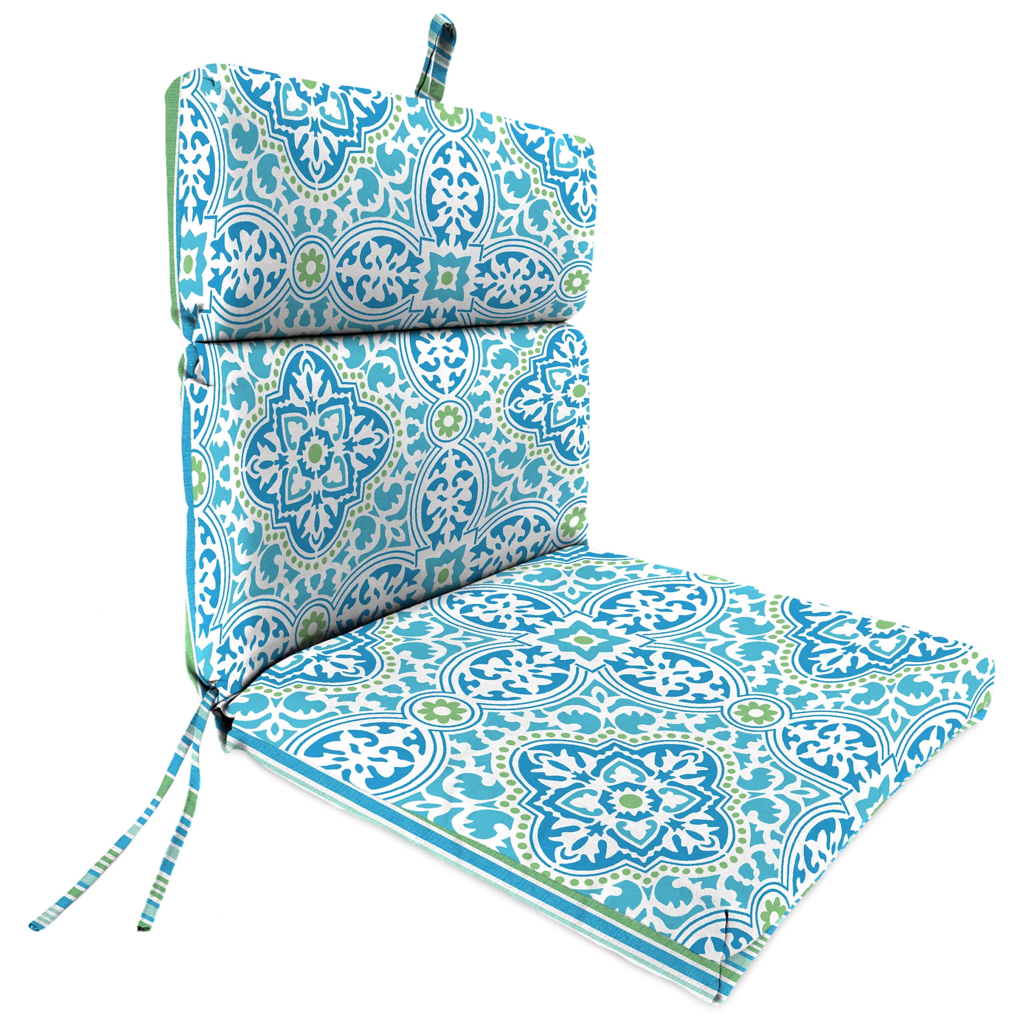 Jordan Manufacturing 44" x 22" Rave Turquoise Quatrefoil and Ferb Turquoise and Green Stripe Reversible Rectangular Outdoor Chair Cushion with Ties and Hanger Loop