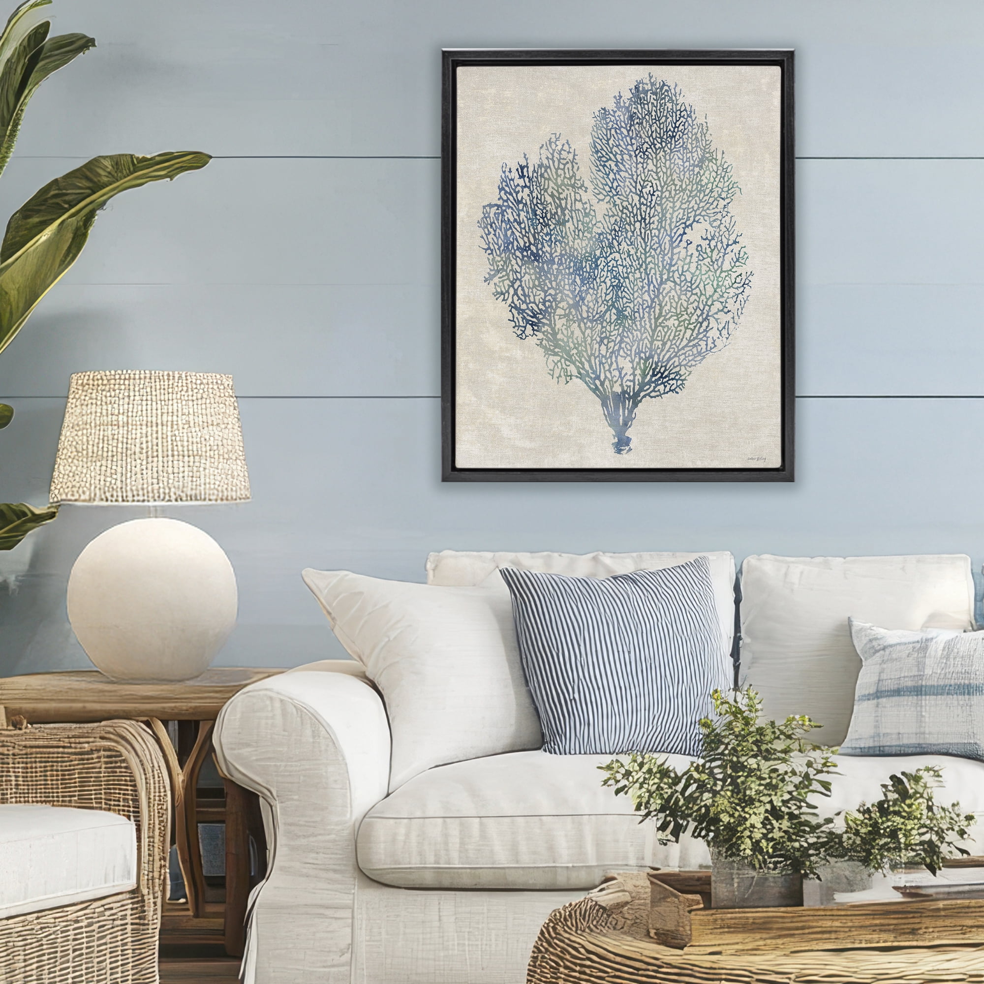 Stupell Industries Fan Coral in Blue & Green Black Framed Floater Canvas Wall Art, design by Amber Sterling