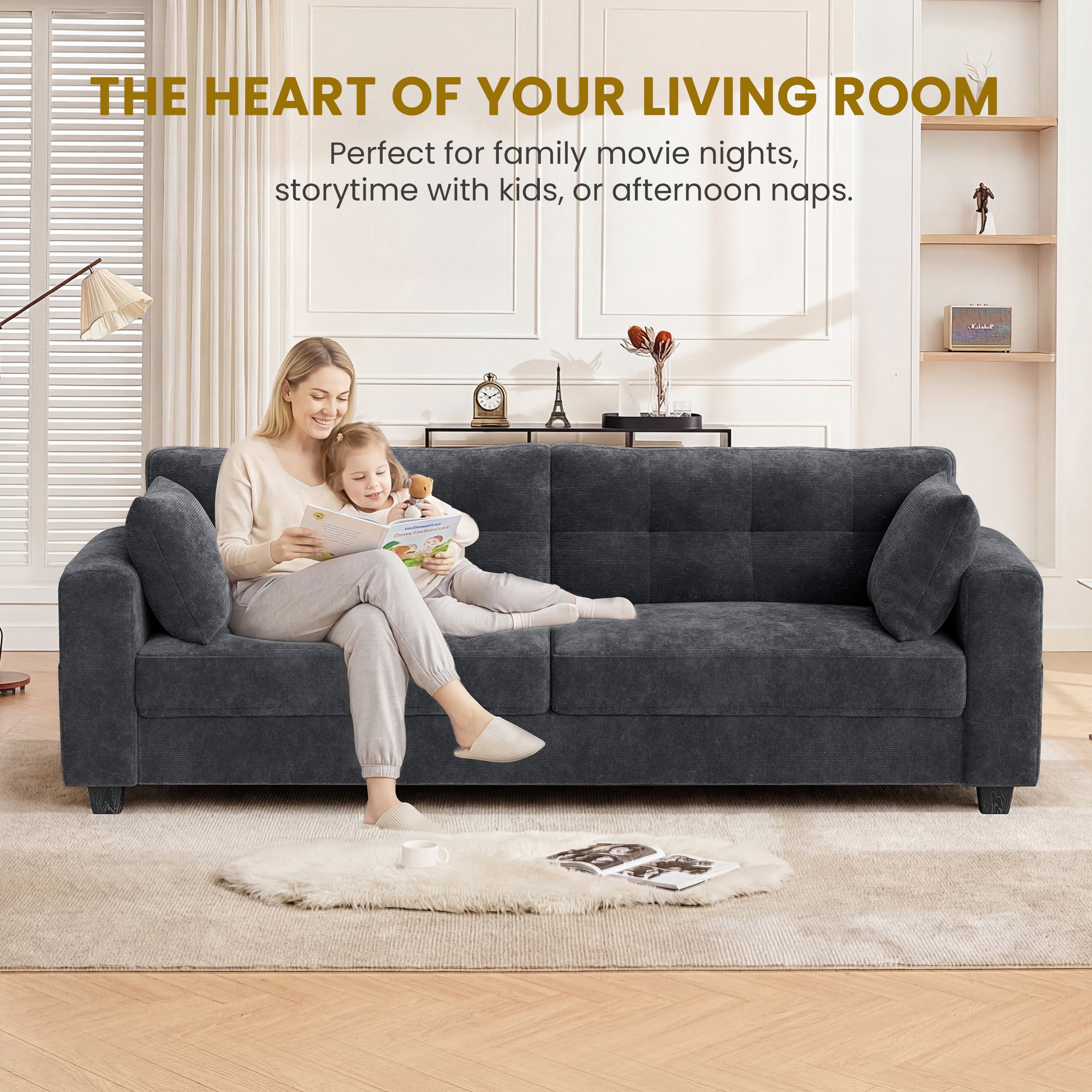 WISHEAD 87" Large 3 Seater Sofa Couch for Living Room, Office, Oversized Couches with Extra Deep Seat, USB Charging Port, 2 Pillows, Dark Gray