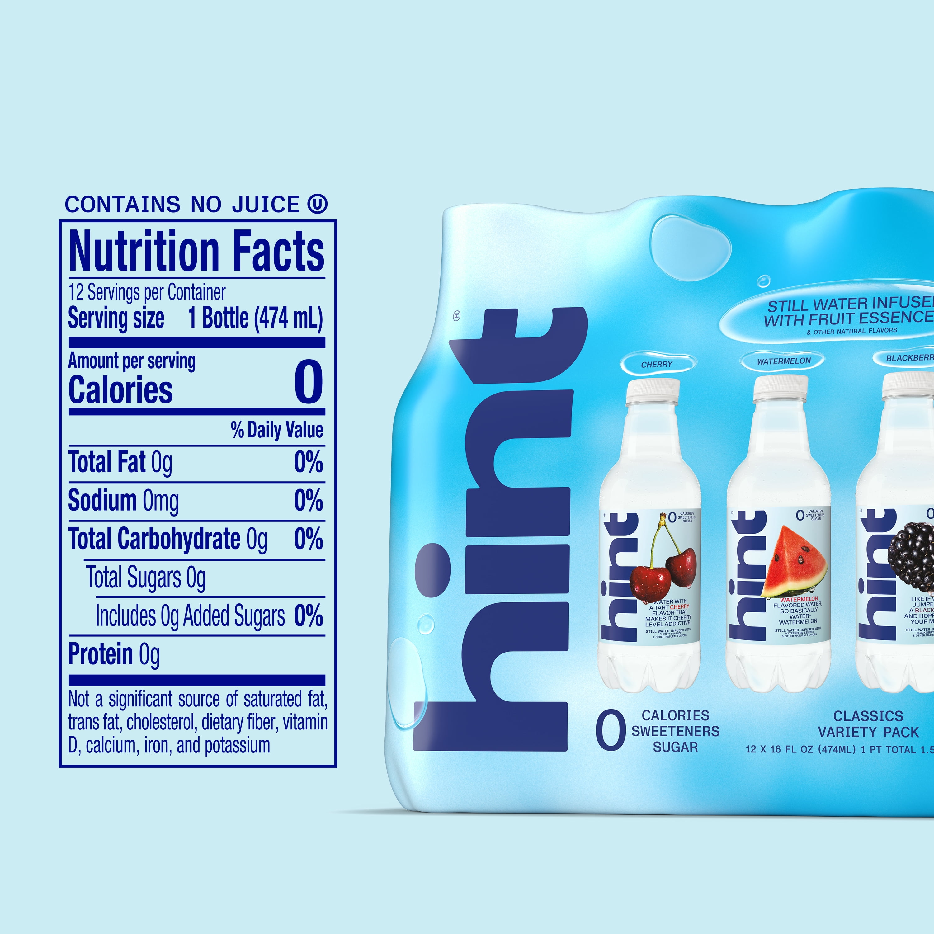 Hint Blue 4-Flavor Variety Pack Flavored Water, 16 fl oz, 12 Pack Plastic Bottles